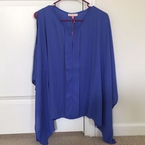 Blue Blouse with cold shoulder scarf sleeves